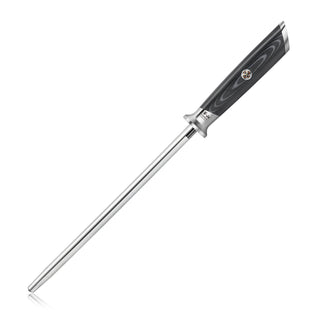 
                    
                      9-inch metal honing steel with a black ergonomic handle featuring a decorative emblem.
                    
                  