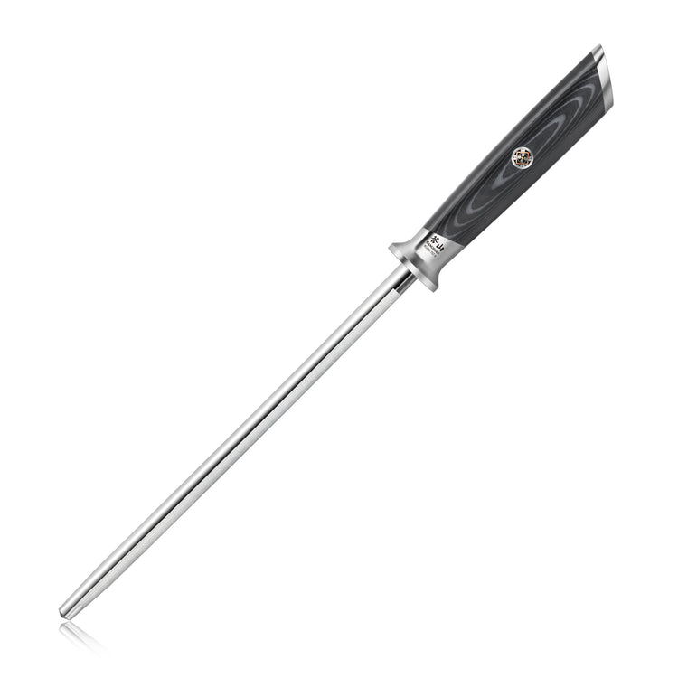 9-inch metal honing steel with a black ergonomic handle featuring a decorative emblem.