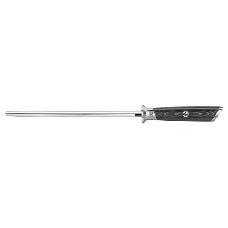 9-inch metal honing steel with a black ergonomic handle featuring a circular emblem.