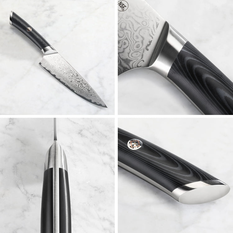 6-inch chef's knife with patterned Damascus steel blade and black ergonomic handle with metal accents.