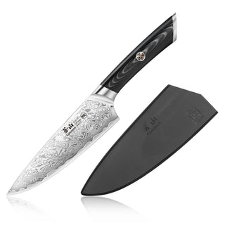 
                    
                      6-inch Damascus steel chef's knife with patterned blade and black handle, shown with a black protective sheath.
                    
                  