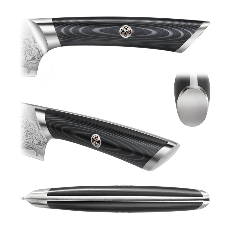 Handle of a chef's knife shown from four angles, featuring a dark wood grain pattern with a metal emblem and stainless steel