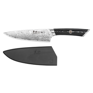 
                    
                      6-inch chef's knife with patterned Damascus steel blade and black handle, shown with a black protective sheath.
                    
                  