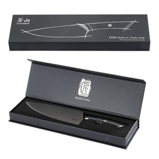 
                    
                      6-inch chef's knife with black blade and ergonomic handle, displayed in an open black presentation box.
                    
                  
