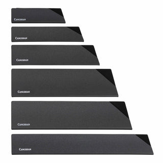 
                    
                      Six black knife edge guards in varying lengths, arranged vertically from shortest to longest, each with a glossy corner.
                    
                  
