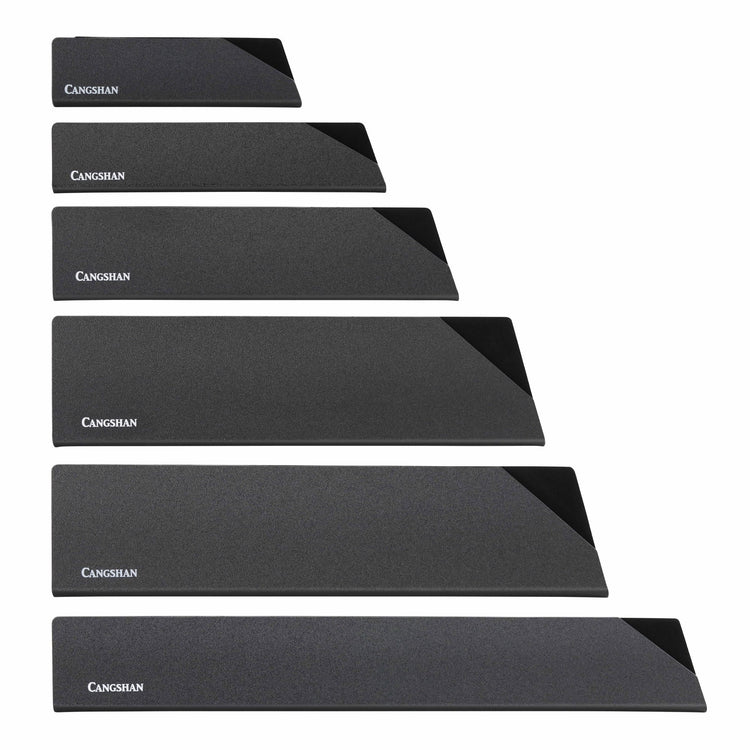 Six black knife edge guards in varying lengths, arranged vertically from shortest to longest, each with a glossy corner.