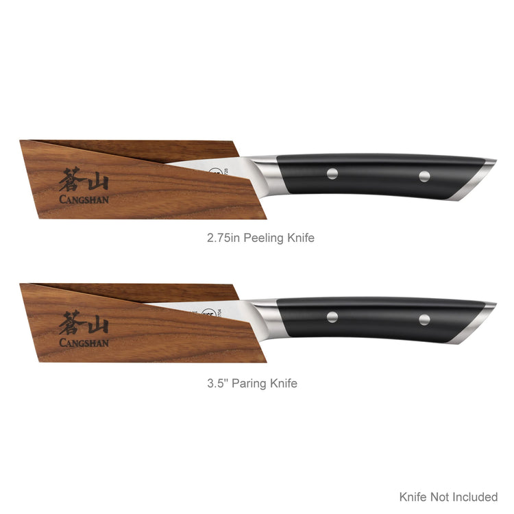 Two knives with black handles partially covered by ash wood magnetic sheaths labeled Cangshan, one 2.75-inch peeling and one