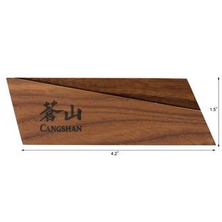 
                    
                      Ash wood magnetic knife sheath with angled design and Cangshan logo, measuring 4.2 by 1.5 inches.
                    
                  