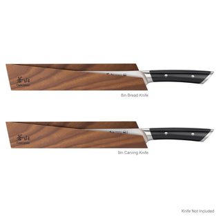 
                    
                      Two wooden magnetic knife sheaths holding an 8-inch bread knife and a 9-inch carving knife with black handles.
                    
                  