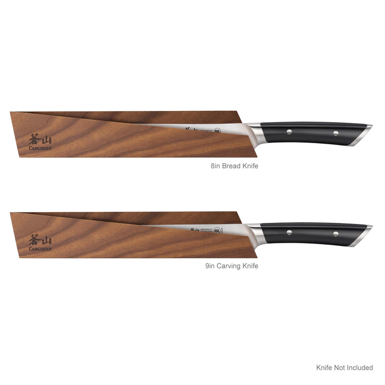 Two wooden magnetic knife sheaths holding an 8-inch bread knife and a 9-inch carving knife with black handles.