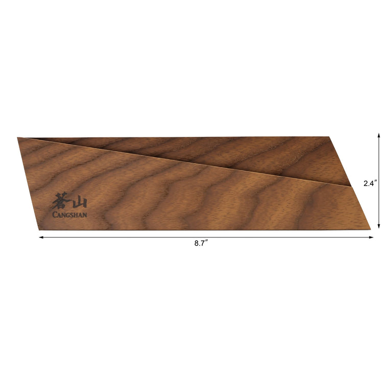 Ash wood magnetic knife sheath measuring 8.7 by 2.4 inches with engraved logo on the lower left.