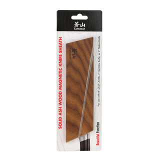 
                    
                      Solid ash wood magnetic knife sheath with a visible knife blade, packaged with branding and usage information.
                    
                  