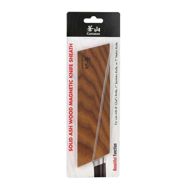 Solid ash wood magnetic knife sheath with a visible knife blade, packaged with branding and usage information.