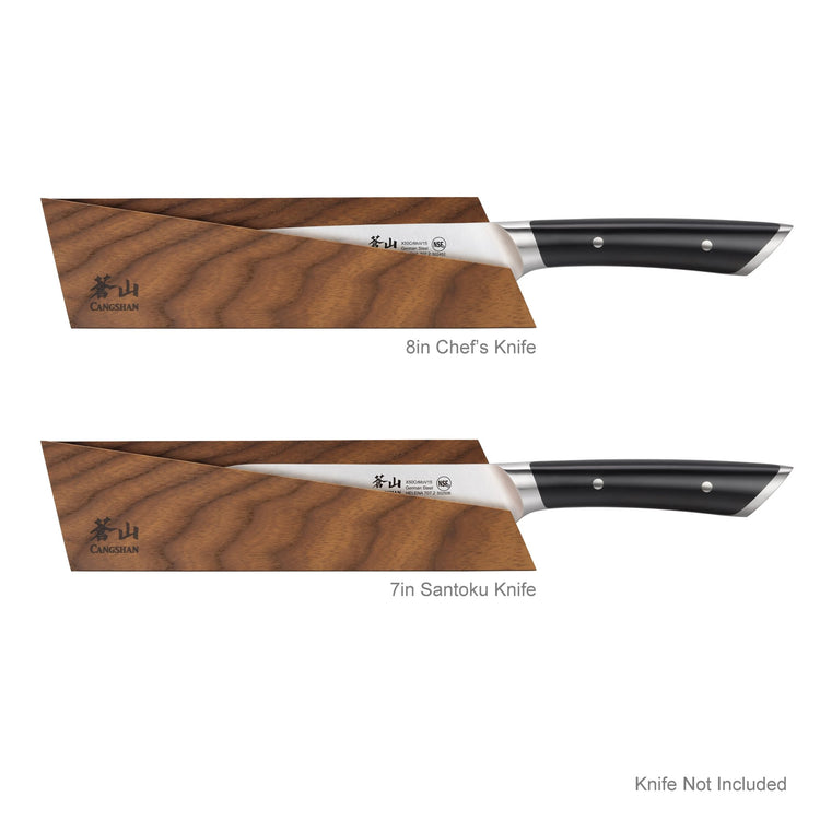Two wooden magnetic knife sheaths designed for an 8-inch chef's knife and a 7-inch Santoku knife, shown with knives partially