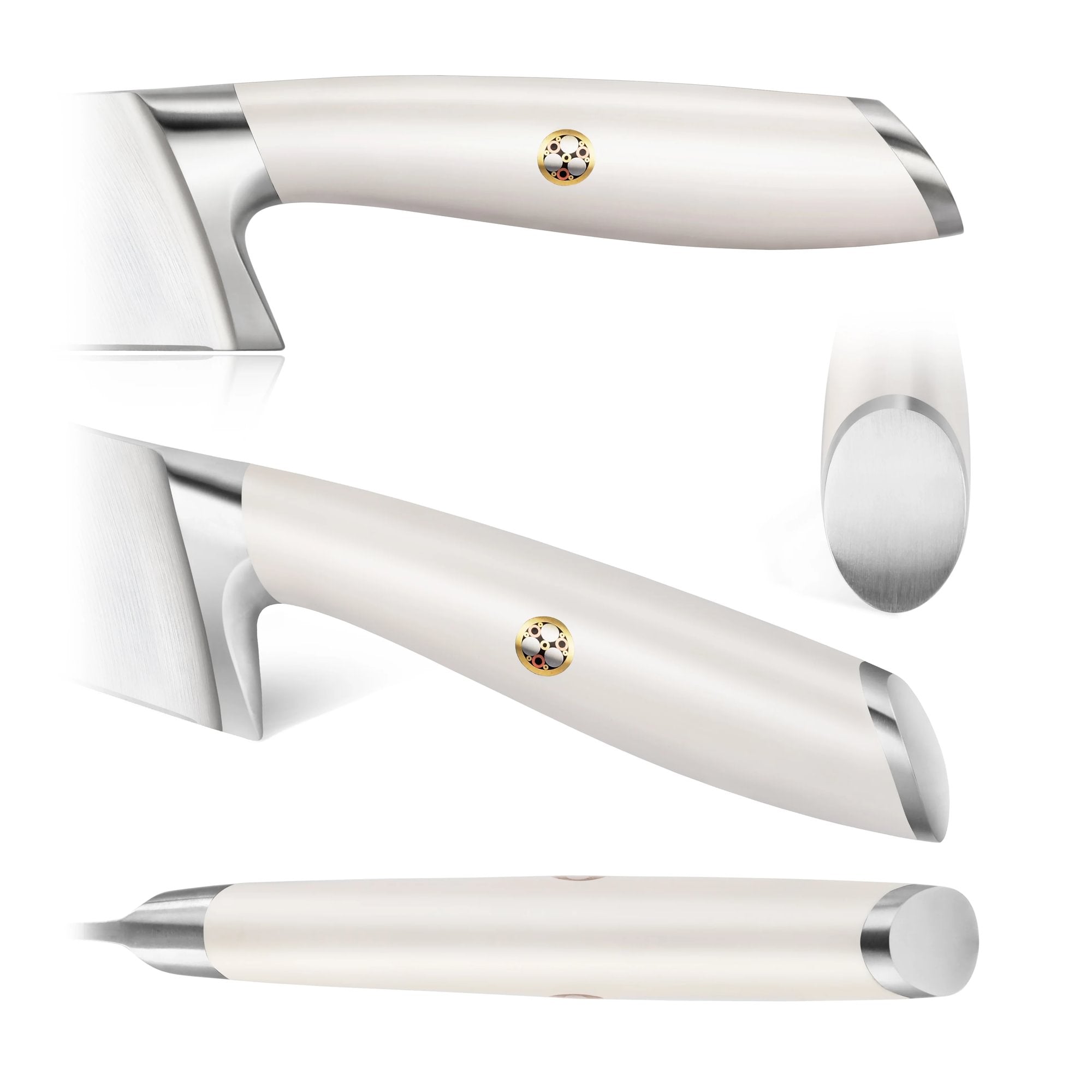 Close-up views of a white-handled cleaver with a metal emblem and stainless steel bolster and end cap.
