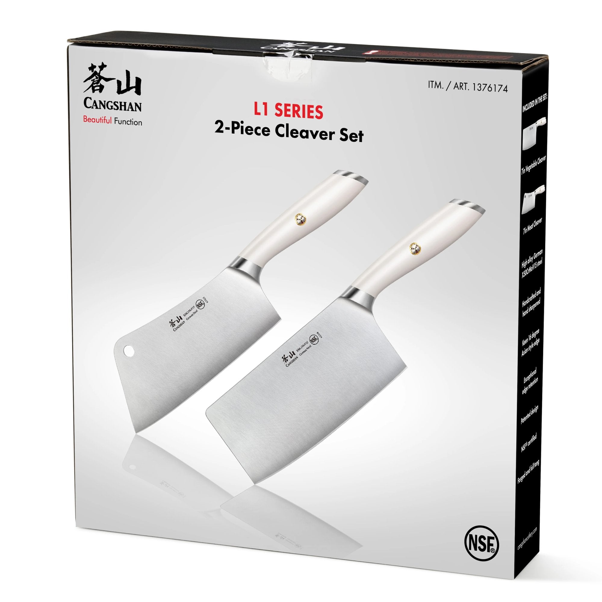 Two cleavers with white handles displayed on a white box labeled 