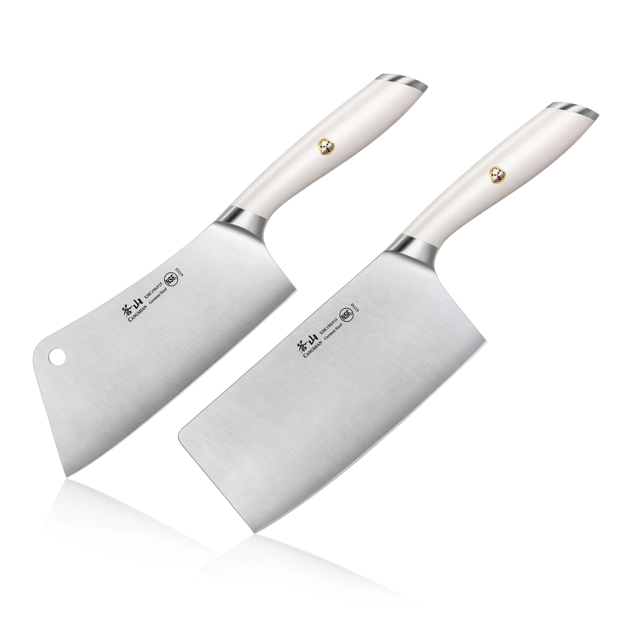Two cleavers with white handles and stainless steel blades, positioned side by side on a white background.