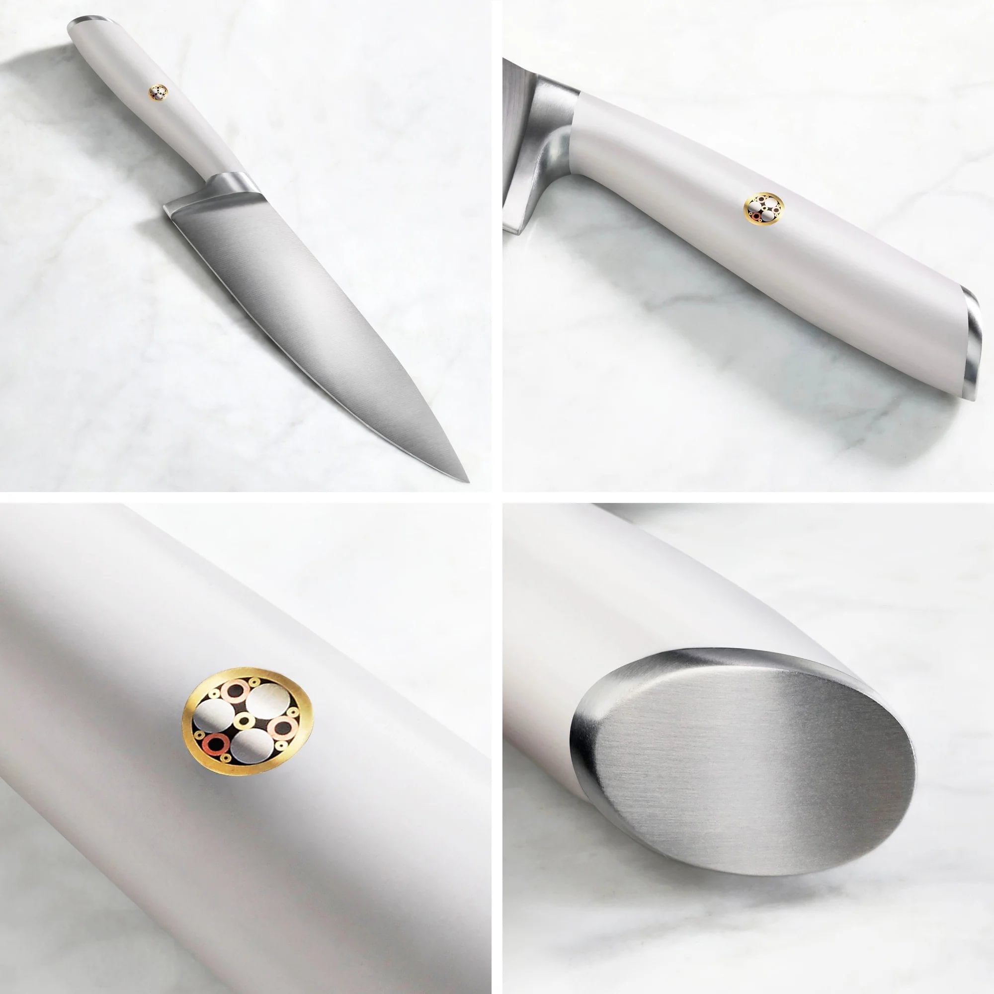 Four close-up views of a steak knife showing the blade, handle with emblem, and rounded metal end.