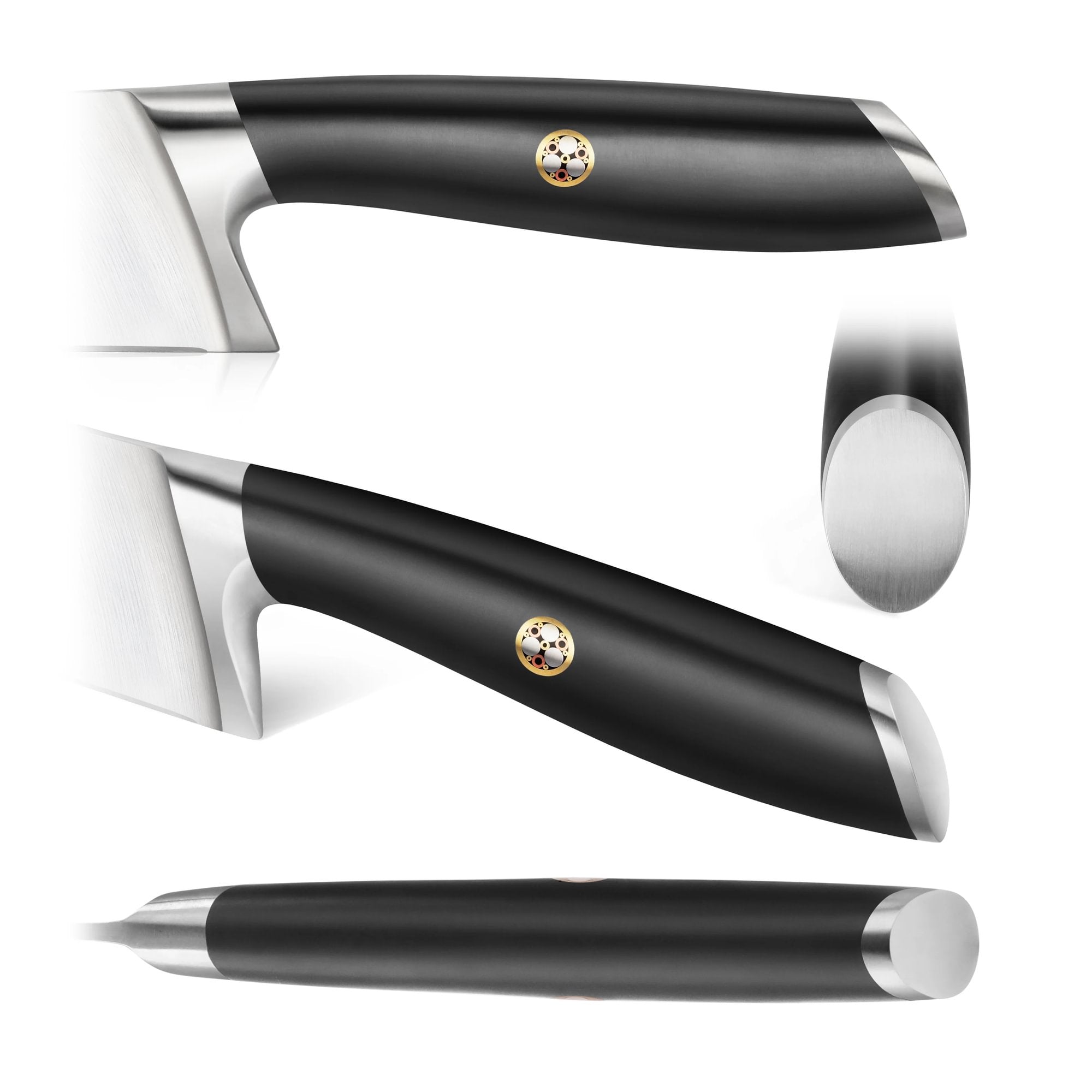 Black cleaver handle with metal accents and a decorative circular emblem shown from multiple angles.