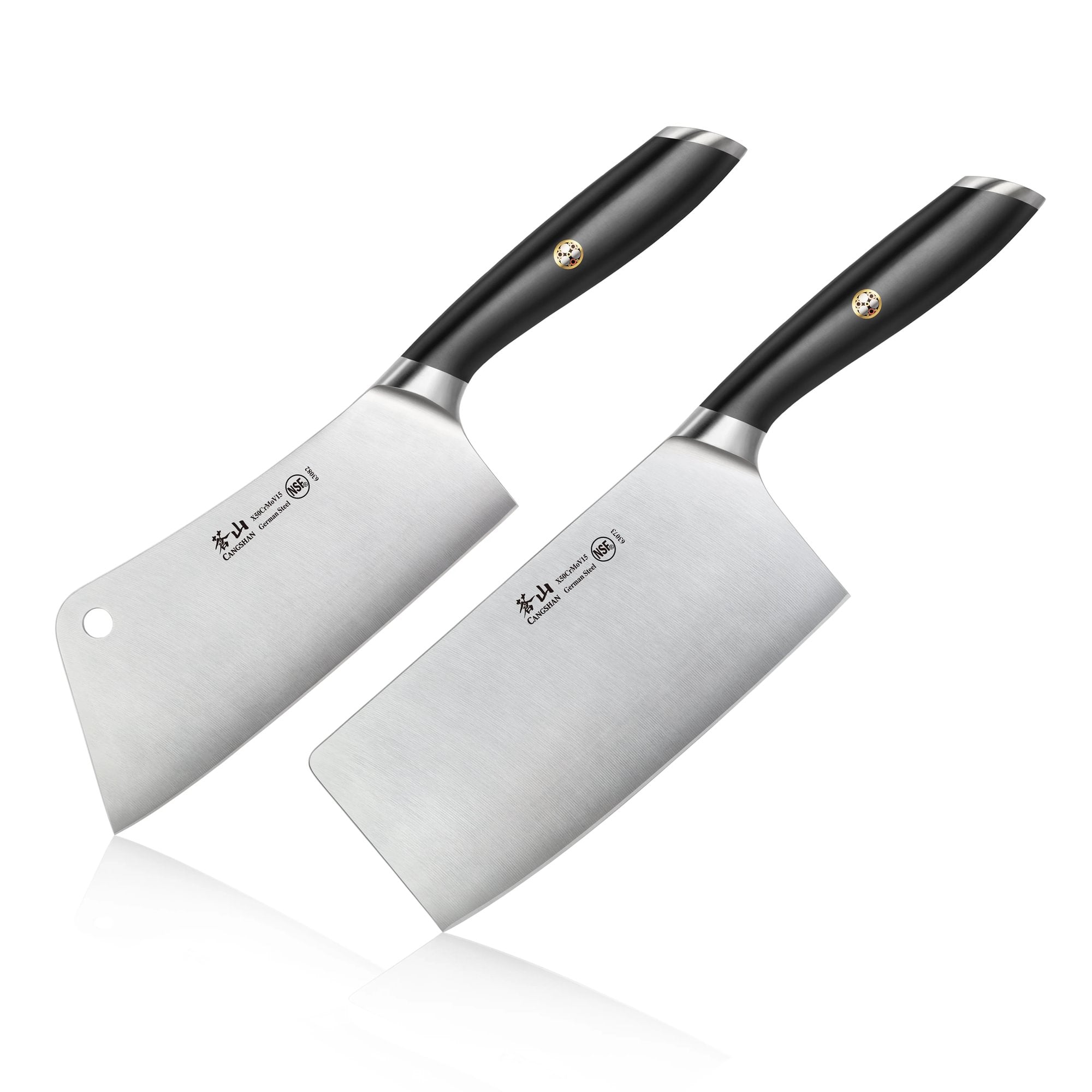 Two cleavers with black handles and stainless steel blades, one with a hole near the top corner.