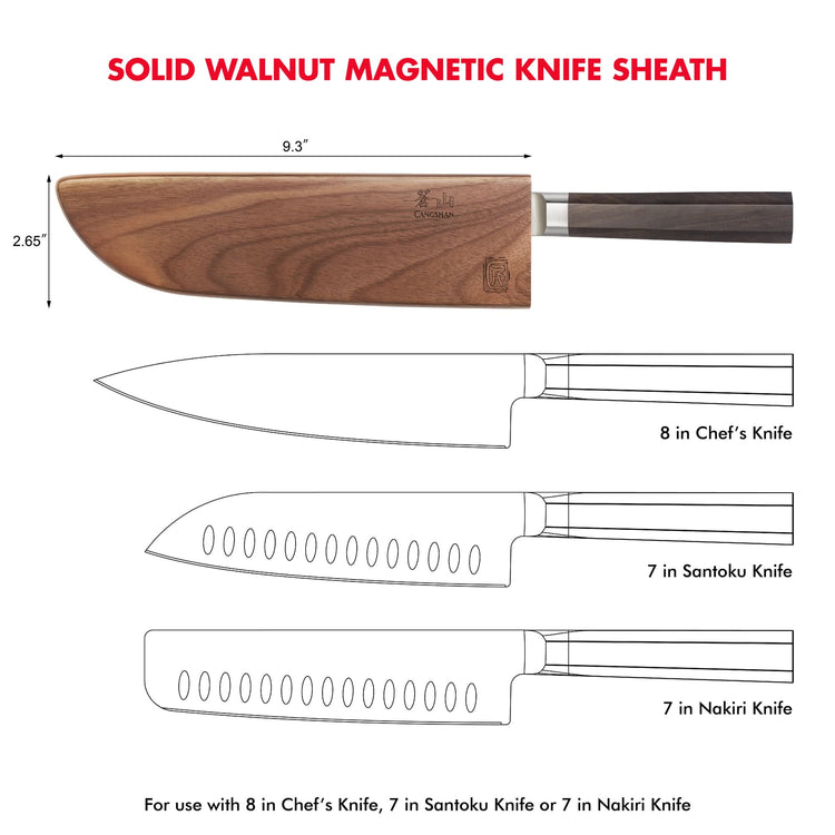 Walnut magnetic knife sheath measuring 9.3 by 2.65 inches, shown with an 8-inch chef’s knife handle inserted.