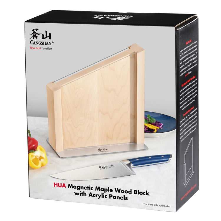 HUA Magnetic Maple Wood Block with clear acrylic panels displayed with a knife and vegetables on a countertop.