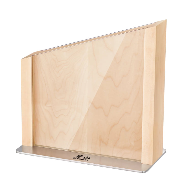 Maple magnetic knife block with clear blade guard and stainless steel base, standing upright.
