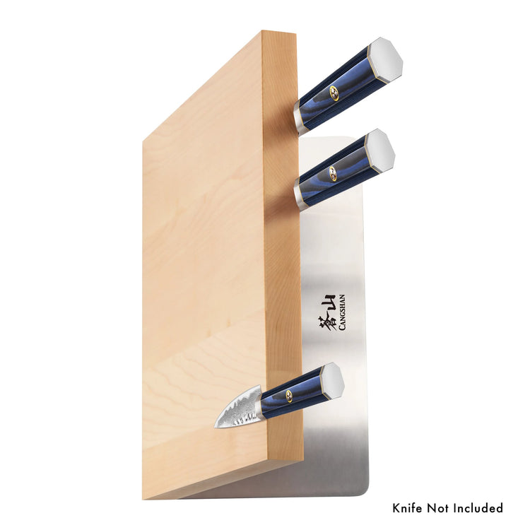 Rectangular wooden magnetic block holding three knives with dark handles and silver blades, mounted on a metal base.