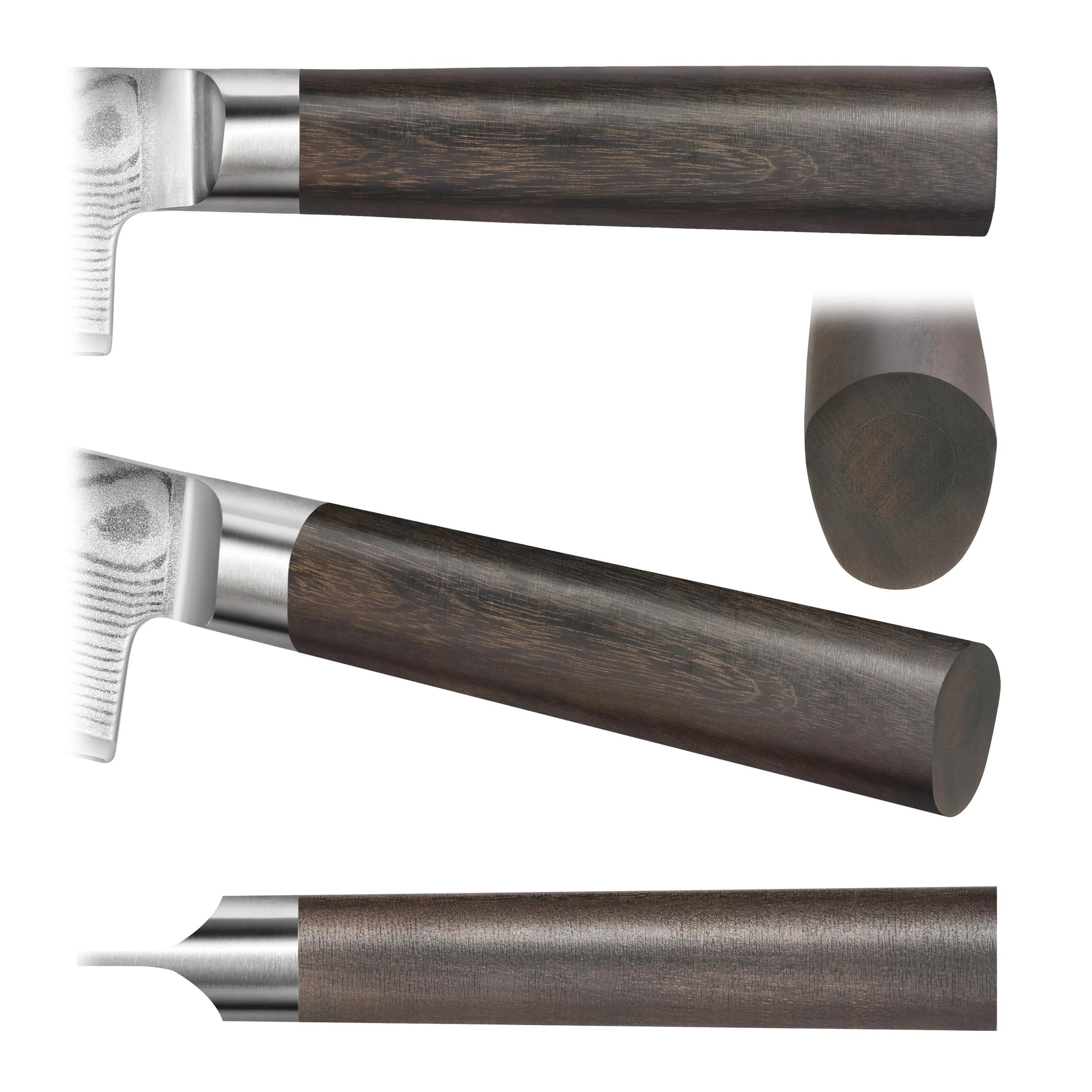 Close-up views of a knife handle made of dark wood with a metal bolster and rounded end.