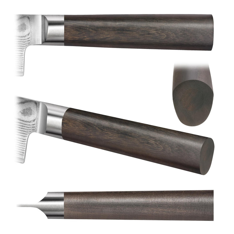 Close-up views of a knife handle made of dark wood with a metal bolster and rounded end.