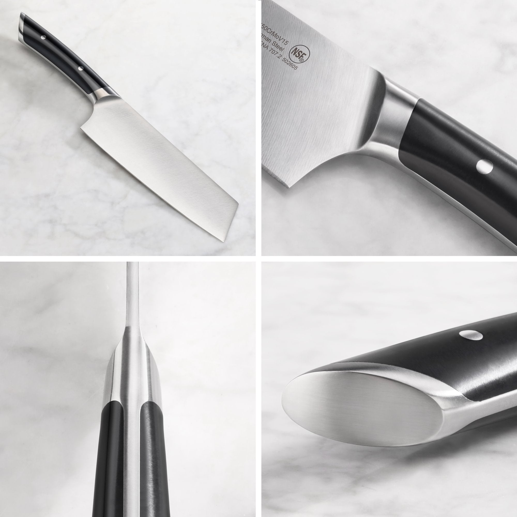 7-inch Nakiri knife with black handle and forged German steel blade shown from multiple angles on a white surface.