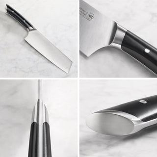 
                    
                      7-inch Nakiri knife with black handle and forged German steel blade shown from multiple angles on a white surface.
                    
                  