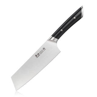 
                    
                      7-inch Nakiri knife with black handle and forged stainless steel blade, designed for precise vegetable cutting.
                    
                  