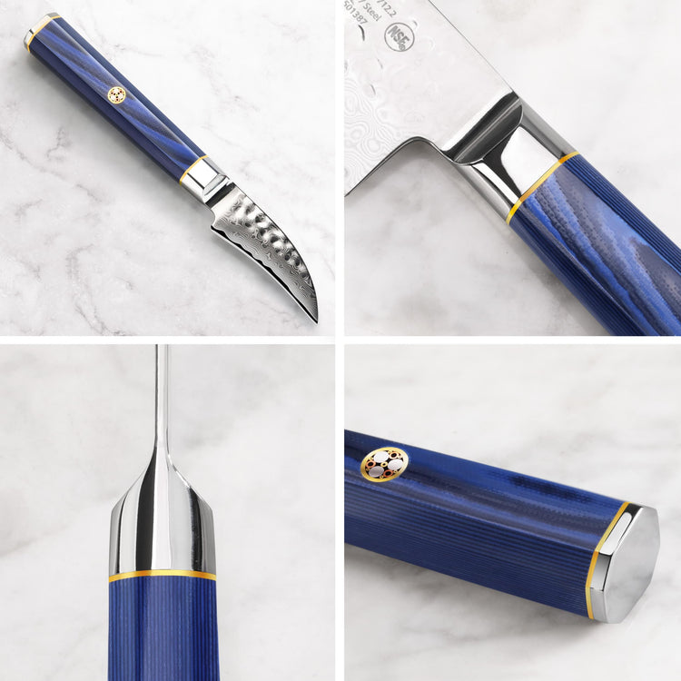 Blue-handled 2.5-inch peeling knife with hammered blade texture and polished metal accents shown from multiple angles.