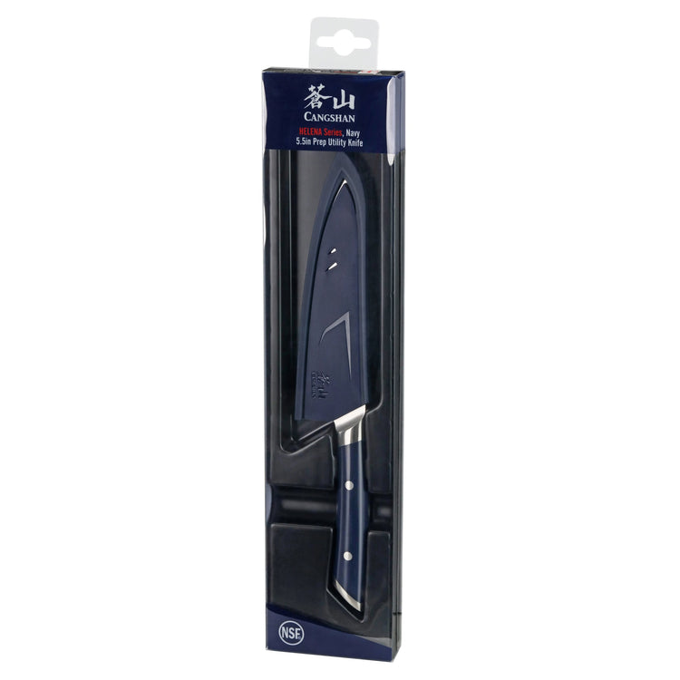 5.5-inch navy prep utility knife with protective sheath in clear retail packaging.