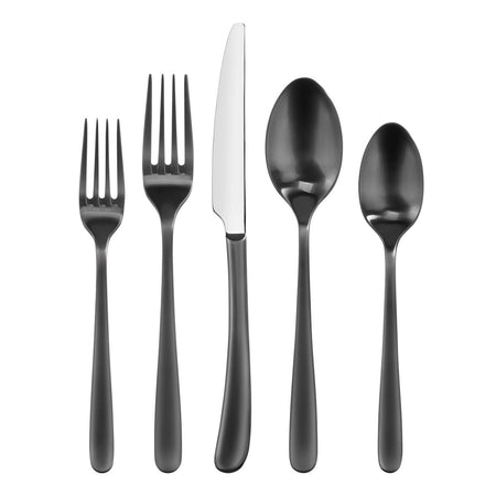 RAIN II Series matte black stainless steel flatware set featuring two forks, a knife, and two spoons.