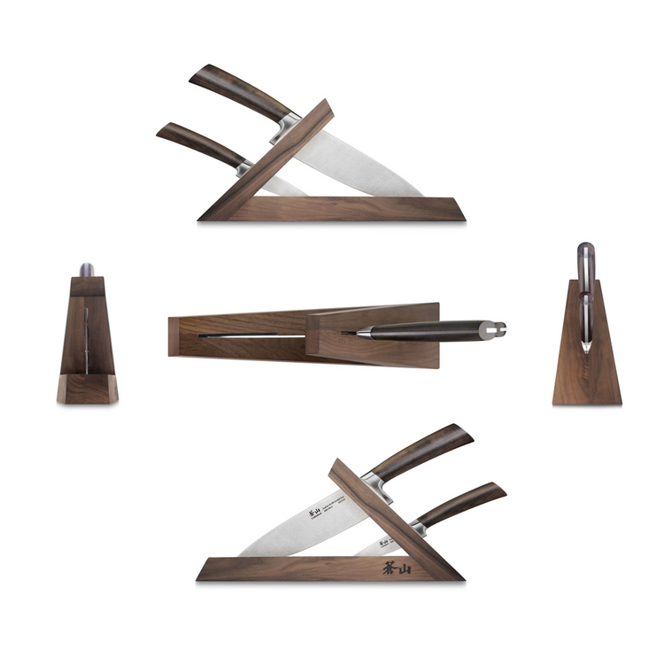 Knife block set with two knives in a walnut angled wooden block, shown from multiple angles on a white background.