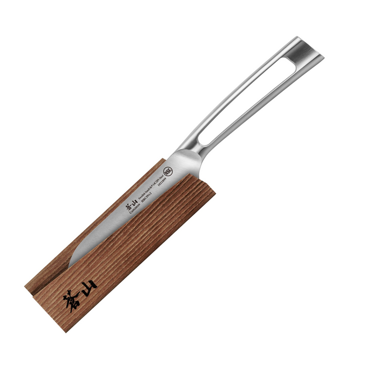 Santoku knife with a stainless steel handle resting on a wooden sheath with engraved characters.