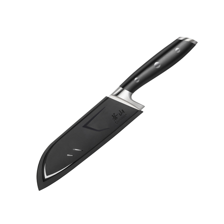Santoku knife with black handle and protective sheath covering the blade.