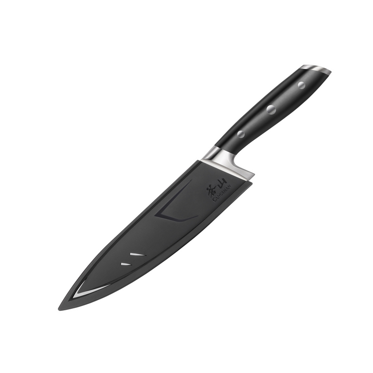 Black 8-inch chef's knife with three-rivet handle and protective sheath covering the blade.