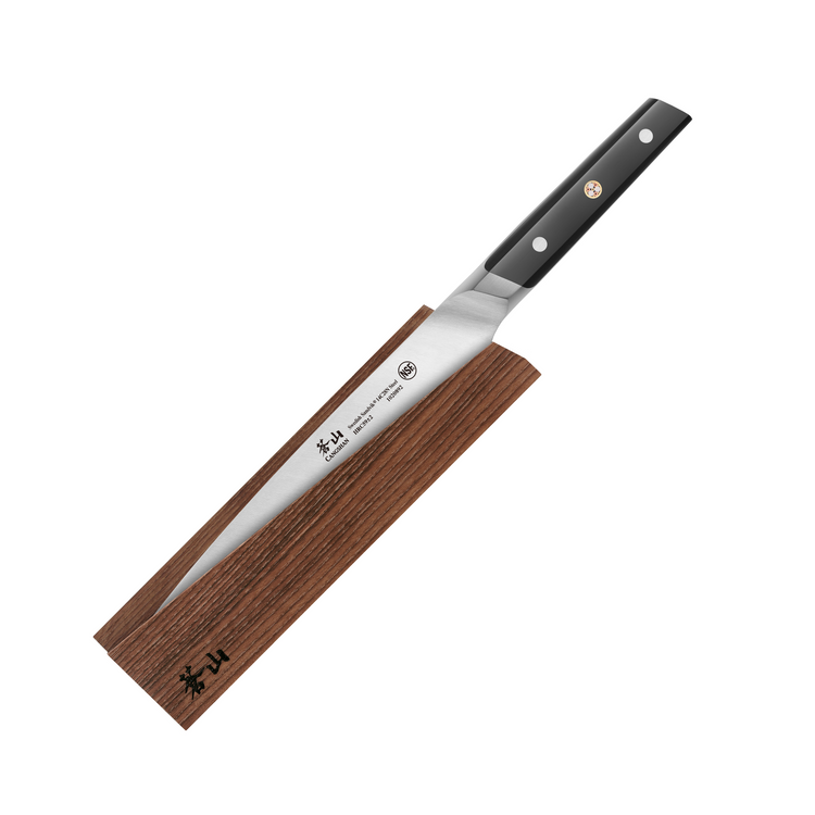 8-inch chef knife with black handle resting on a rectangular ash wood sheath.