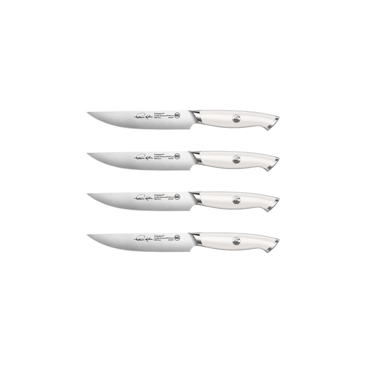 Four steak knives with white handles and stainless steel blades, each engraved with a signature and logo.