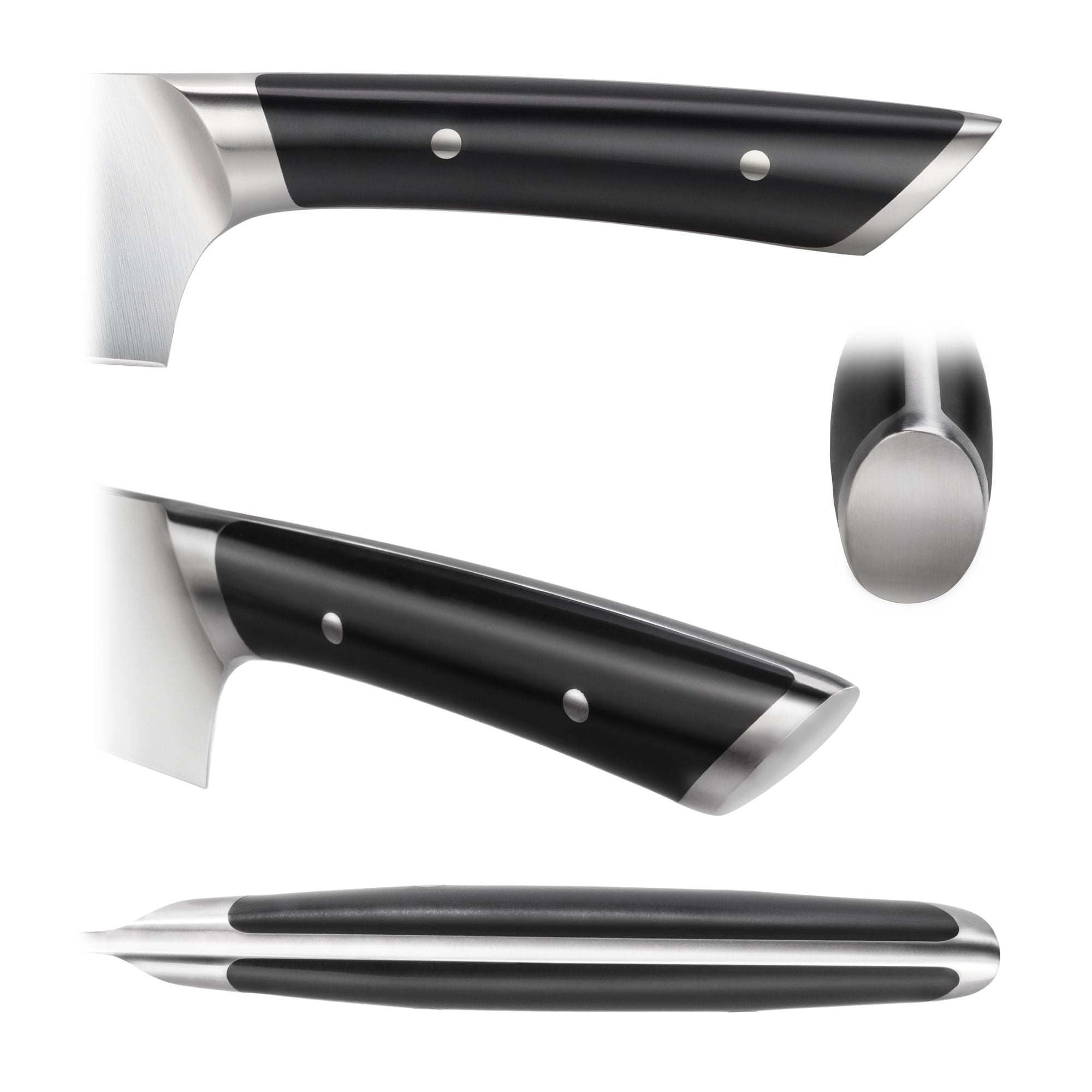 Black vegetable cleaver handle with stainless steel bolsters and rivets, shown from multiple angles.