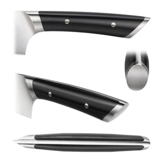 
                    
                      Black vegetable cleaver handle with stainless steel bolsters and rivets, shown from multiple angles.
                    
                  