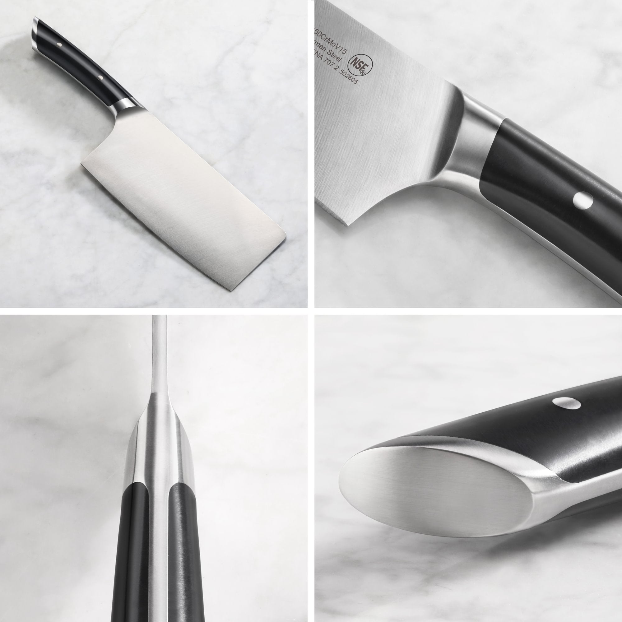 7-inch vegetable cleaver with black handle and forged steel blade shown from multiple angles on marble surface.