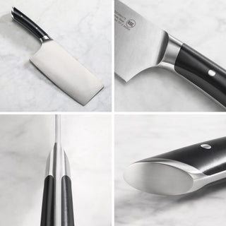 
                    
                      7-inch vegetable cleaver with black handle and forged steel blade shown from multiple angles on marble surface.
                    
                  