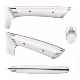 
                    
                      Close-up views of a white knife handle with stainless steel accents from multiple angles, showing rivets and ergonomic design
                    
                  