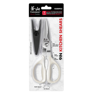 
                    
                      9-inch white kitchen shears with serrated blades, bottle opener, nutcracker, corn opener, and black blade holder.
                    
                  