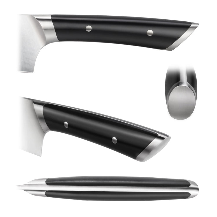 Black ergonomic handle of a carving fork with metal rivets and stainless steel accents shown from multiple angles.