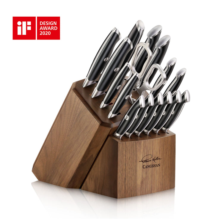 17-piece knife set with black handles and stainless steel blades in a wooden block, including kitchen shears and a peeler.